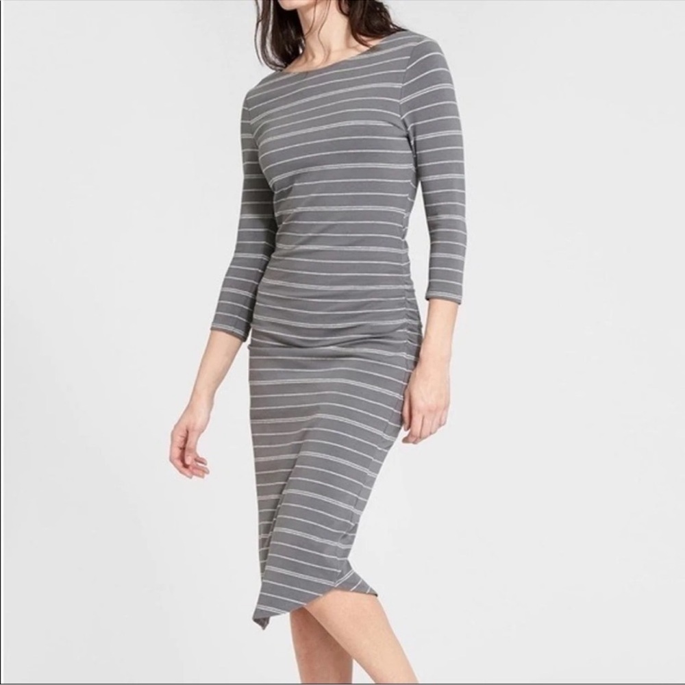 Gray & White Strip Athleta Comeback Midi 3/4 Sleeve Dress